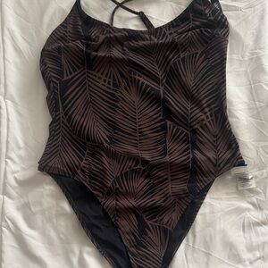 Vuori Black One-Piece Swimsuit with Brown Palm Print